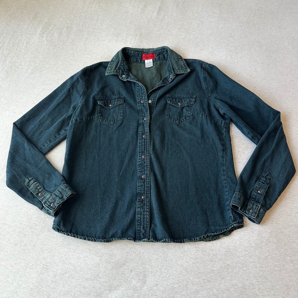 Red Tulips Denim Western Style Button Down Shirt Women‎ Large Dark Wash Cotton